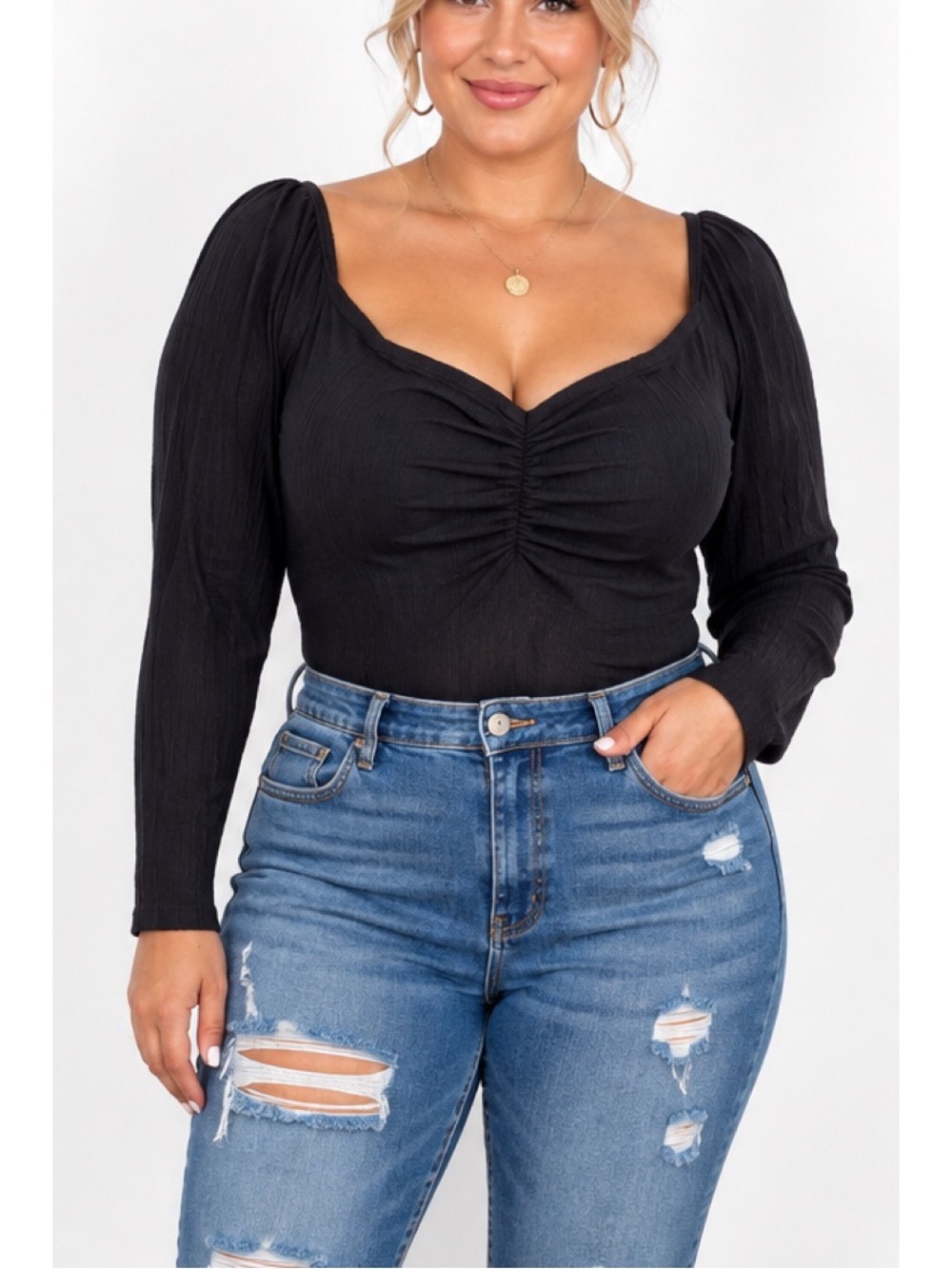 Black Ruched Long-Sleeve Bodysuit – Size 3x